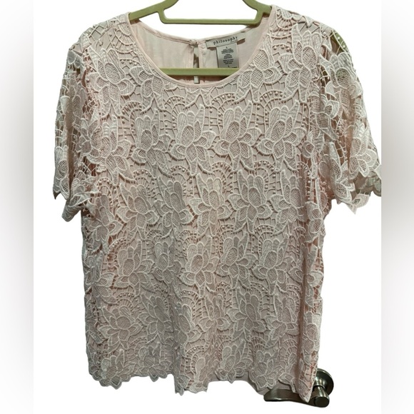 Philosophy - Pink Lace overlay Short Sleeve Top - Size L - Picture 1 of 3